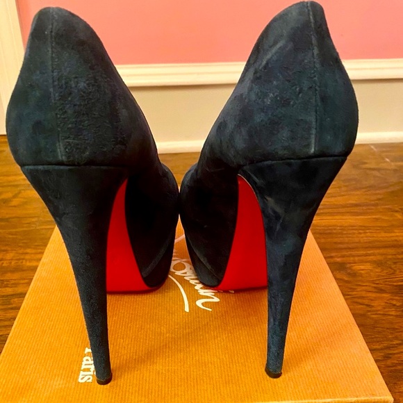 Christian Louboutin Drapesse 160 Suede Teal Peep Toe Heels